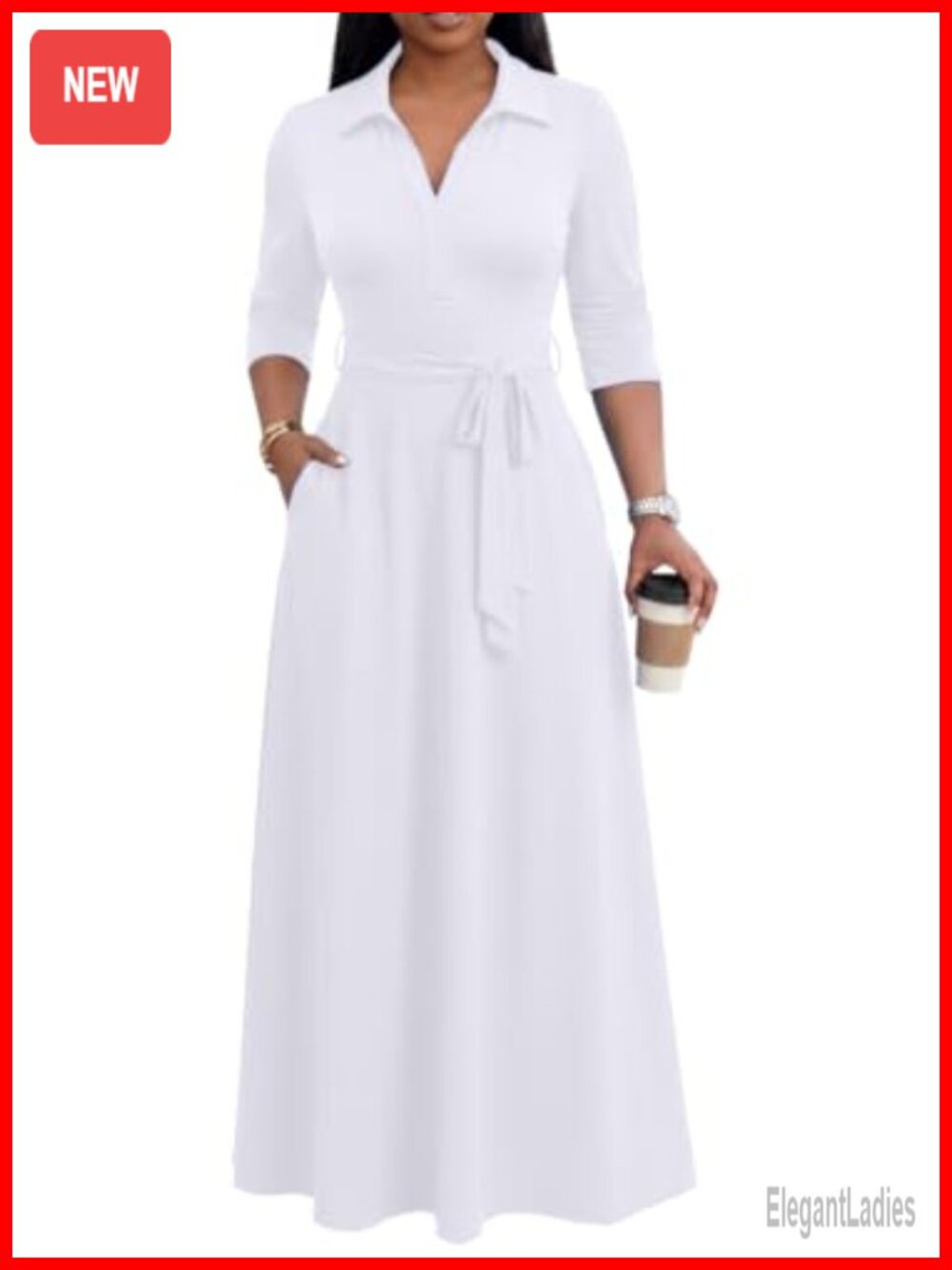 Women's Maxi Dress V-Neck 3/4 Sleeve Semi Formal Church Dress with Pockets